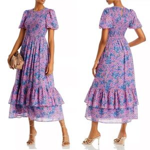 Banjanan Quant Dress Cotton Smocked Dazzling Blue Floral Butterfly Tiered Midi